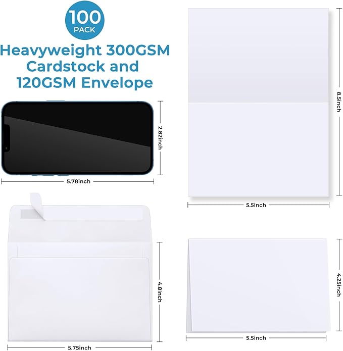 Ohuhu Blank White Cards and Envelopes 100 Pack, 4.25 x 5.5 Heavyweight Folded Cards and A2 Envelopes for DIY Greeting Card, Wedding, Birthday, Invitations, Thank You Cards & All Occasion