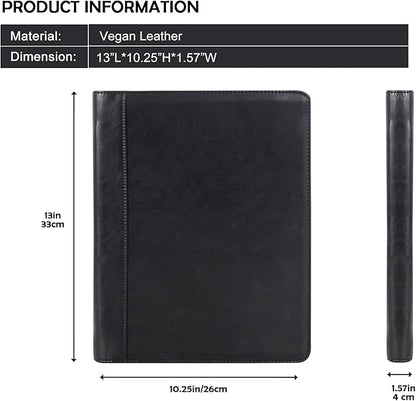 AZXCG Resume Portfolio,Zippered Padfolio Document Holder Business Folder Organizer, Faux Leather Matte Finish -Black (Customize)