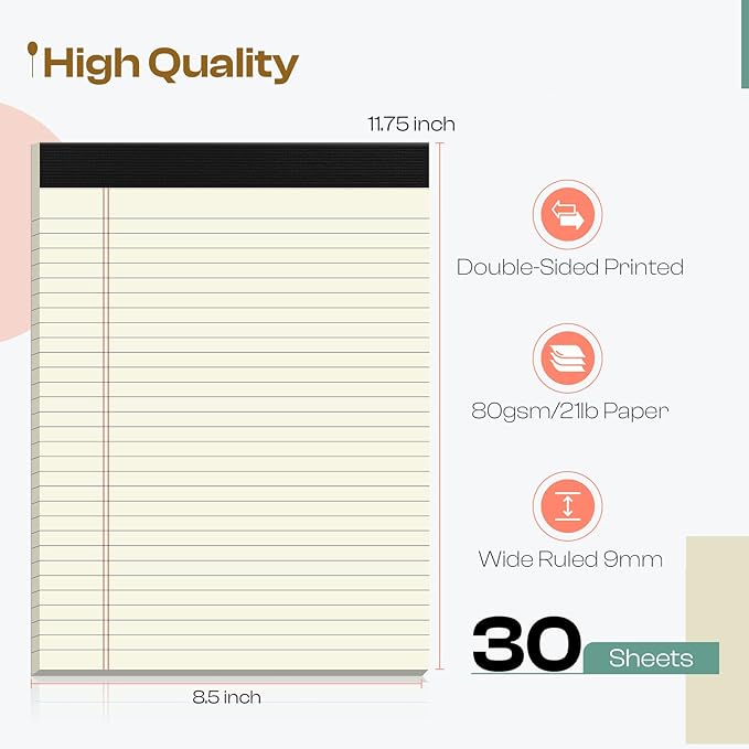 Legal Pads 8.5 x 11 inches 12 Pack Wide Ruled Note Pads 8.5 x 11 Notepads, Canary Lined Paper Study Backing Printed Writing Pads, 30 Sheets per Perforated Notepad for Business, Home, Office, School