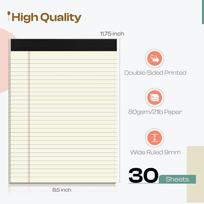 Legal Pads 8.5 x 11 inches 12 Pack Wide Ruled Note Pads 8.5 x 11 Notepads, Canary Lined Paper Study Backing Printed Writing Pads, 30 Sheets per Perforated Notepad for Business, Home, Office, School