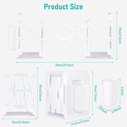 SAYEEC Adjustable Bookends with Pen Holder Expandable Book Ends for Heavy Books Plastic Desk Book Holder Stand Stopper Rack Magazine Binder Organizer for Shelves Bookcase Office School Home (White)
