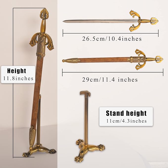 Metal Stainless Steel Sword Letter Opener with Stand,Medieval Vintage Gold Handle,Mini Sword,Lightweight Hand Envelope Slitter,Special Gift