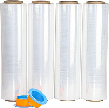 BOMEI PACK Clear Stretch Wrap Roll with Plastic Handle 18" x 1000 Feet 80 Gauge 4 Pack, Shrink Wrap Heavy Duty, Self-Adhering Plastic Wrap for Shipping, Moving