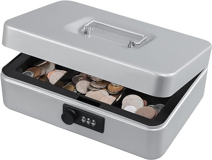KYODOLED Cash Box with Combination Lock,Safe Metal Box for Money,Storage Lock Box with Money Tray,7.87"x 6.30"x 3.54" Lightgrey Medium