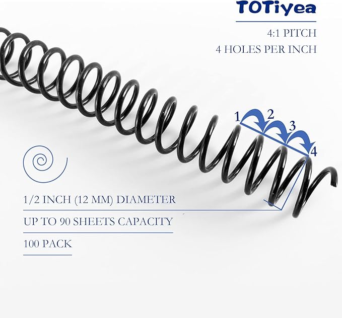 TOTiyea 100 Pack Plastic Spiral Binding Coils,12mm(1/2") Binding Spirals,90 Sheet Capacity,4:1 Pitch, Black