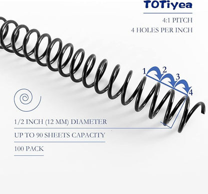 TOTiyea 100 Pack Plastic Spiral Binding Coils,12mm(1/2") Binding Spirals,90 Sheet Capacity,4:1 Pitch, Black