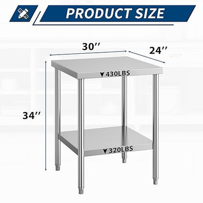 NSF Commercial Stainless Steel Worktable - 24 x 30 Inches with Undershelf, Heavy Duty Prep Table for Restaurants, Homes, and Hotels - Ideal for Christmas Prep.