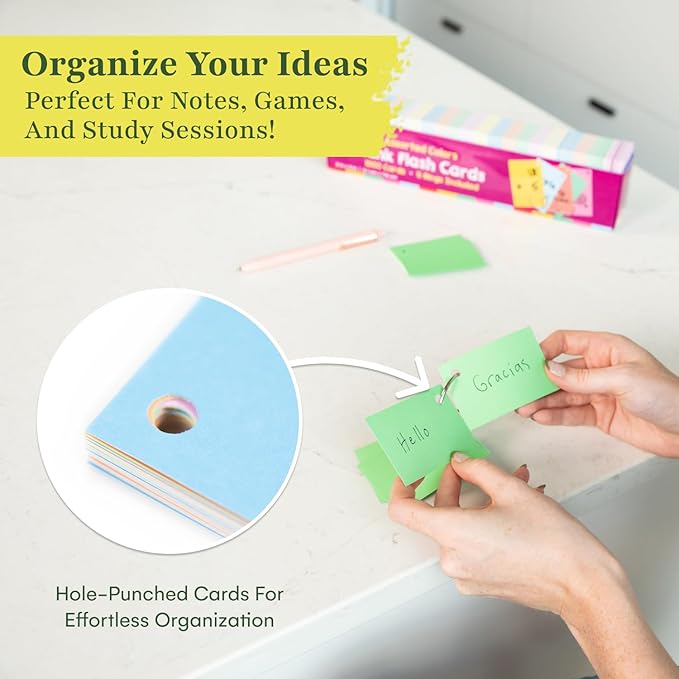 Star Right Assorted Colored Blank Flash Cards - Note Cards with Rings - 2"x3" Blank Index Note Cards, Flash Cards Blank, 1000 Pre Hole Punched Index Cards with Metal Binder Rings, Blank Flashcards