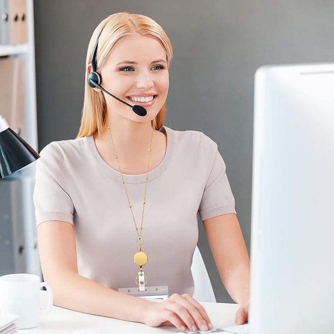 Retractable Badge Reel Lanyard with 2 Pieces ID Holder for Women, Fashion Beaded Chain Premium Stainless Steel Lanyard Necklace Water Resistant Name Badge Holder (Gold)