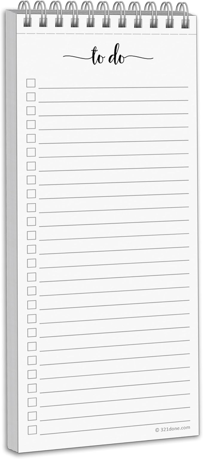 321Done Skinny to Do List Notepad, 3.7x8.5 Spiral - Made in USA, Undated Daily Checklist, Simple Stylish to-Dos Memo Pad for Planning, Tasks, Appointments, Reminders for Home, Office - 50 Sheets