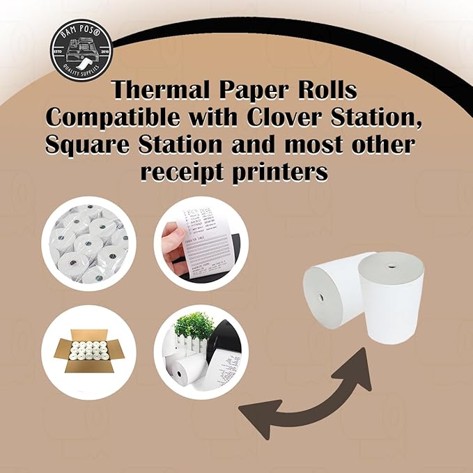 3 1/8 x 190 Thermal Receipt Paper Rolls For Most POS Systems and Receipt Printers, Compatible With Clover Station, Square Station, Toast Station, TM-T88, TSP Series (30 Rolls)