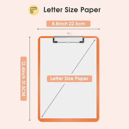 Plastic Clipboards 2 Pack, A4 Orange Clip Board 8.5x11 for Classroom, Students, Kid, Woman, Size 9" x 12.5" with Low Profile Clip, Office & School Supply