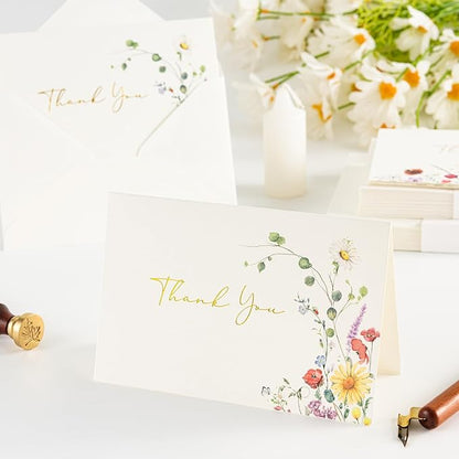 Crisky Thank You Cards 4 Assortment, Gold Foil Watercolor WildFlowers (100 Cards with Envelopes for Birthday, Baby Shower, Bridal Shower, Wedding, All Occasion)