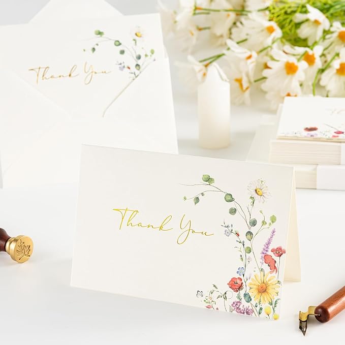 Crisky Thank You Cards 4 Assortment, Gold Foil Watercolor WildFlowers (50 Cards with Envelopes for Birthday, Baby Shower, Bridal Shower, Wedding, All Occasion)