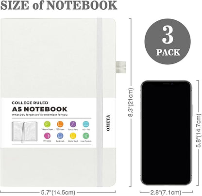 Lined Journal Notebook, 3 Pack A5 College Ruled Notebooks for Work, Hardcover Notebook Each with 2 Pockets & Pen, Leather Journal for Women, Men, 160 Pages, 100GSM Thick Paper ( White 5.7" x 8.3" )