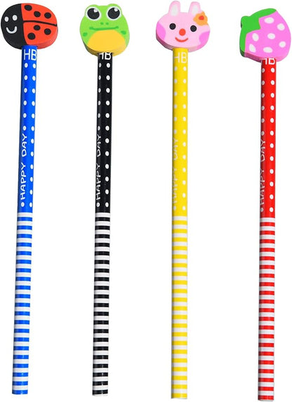 28PCS Fun Cute Pencils for Kids,Colorful Stripe Pencils with Assorted Fruit Animal Erasers Toppers,Pencils and Erasers Set for School Office Classroom Supplies Students Children