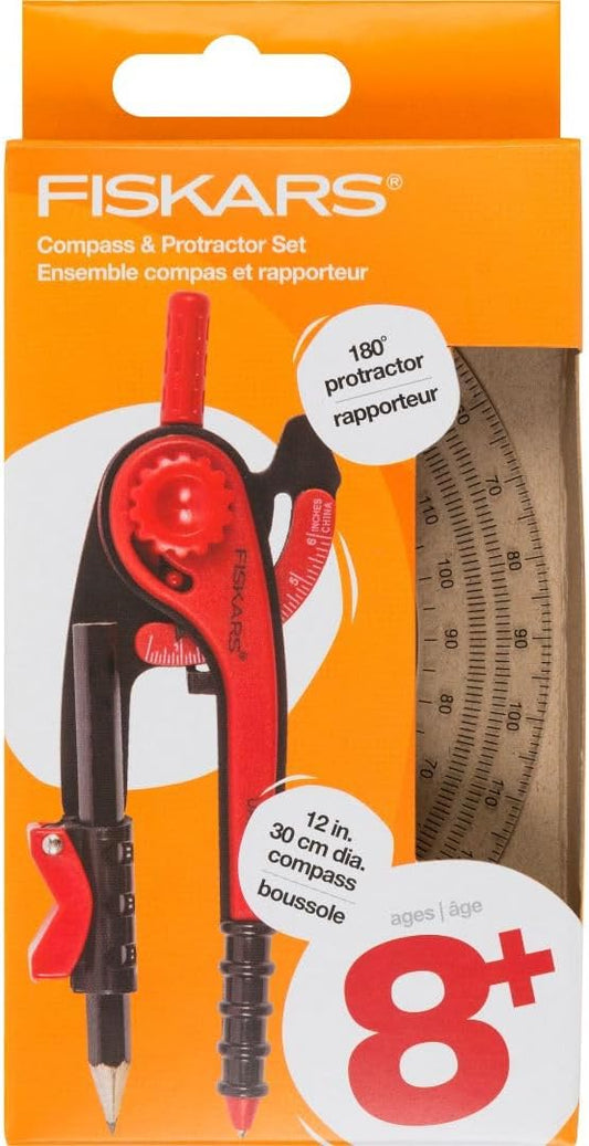 Fiskars Plastic Compass and Protractor Set - Math Geometry Set for Kids 8+ - Back to School Supplies - Includes Pencil - Color May Vary
