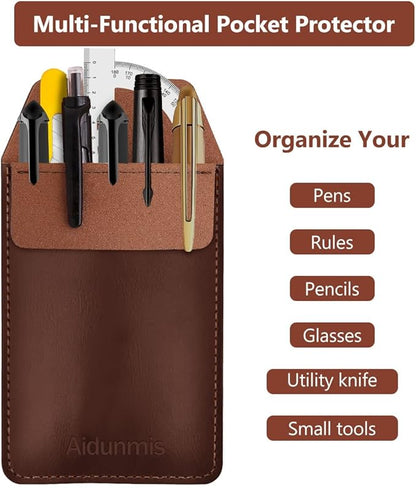Pocket Protector, 2 Pieces PU Leather Pocket Pen Holder Organizer Pouch for Shirts Lab Coats Pants Pen Sleeve MultiPurpose Pen Pocket Holds Pens Pointers Pencils and Notes Card (Brown, Black)
