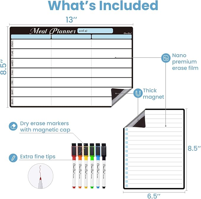 Magnetic Dry Erase Menu Board - 8.5"x13" Meal Planning Board for Fridge - 6.5"x8.5" List Board and 6 Extra Fine Point Markers Included - Shipped Flat