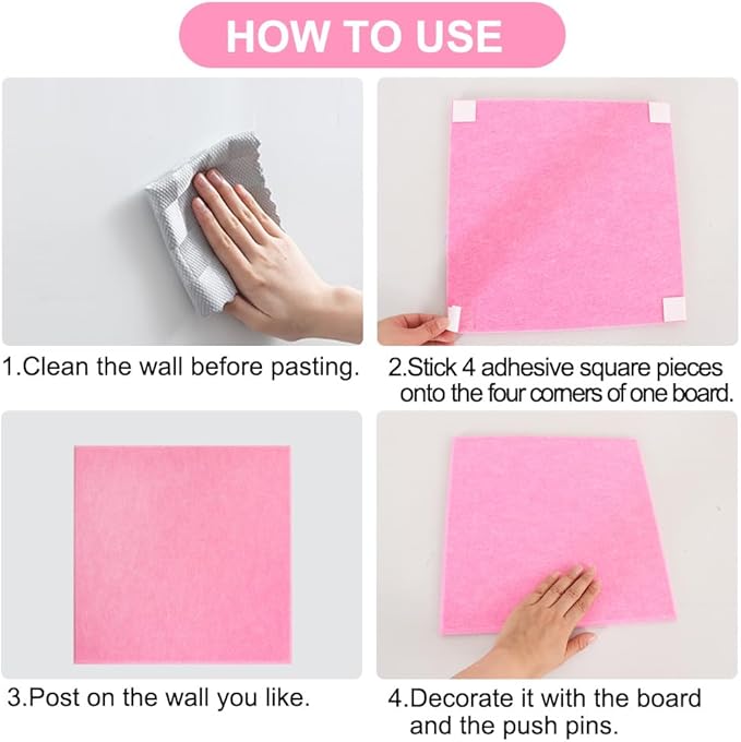Vuzvuv Pink 35.4"x23.6" Large Cork Board with 50 Push Pins, Self-Adhesive Bulletin Board No Damage for Wall, Felt Pin Board for Paste Notes, Photos, Schedules Offices Home(6 Pcs 11.8x11.8 Inch)