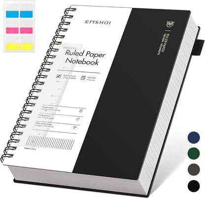 EMSHOI A4 Spiral Notebook Lined Journal, 11.2" X 8.27", 300 Pages/150 Sheets, 100gsm Thick Paper, Waterproof Softcover, Twin-Wire Binding, for School Work Writing Note Taking-Black