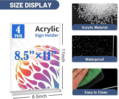 4 Pack Acrylic Sign Holder 8.5 X 11, Vertical T Shape Clear Plastic Sign Holder, Double Sided Clear Display Stand Table Top Sign Paper Holder, Sign Holder Suitable for Office, Store