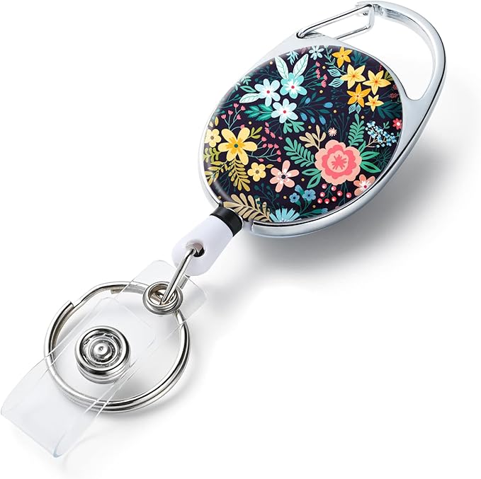 Badge Reels Retractable，Double Sided Color Print Pattern Retractable Badge Holders，with Retractable Keychain, Badge Clip and Key Ring，Durable Nylon Retractable Rope，Flower on Black