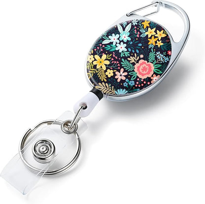 Badge Reels Retractable，Double Sided Color Print Pattern Retractable Badge Holders，with Retractable Keychain, Badge Clip and Key Ring，Durable Nylon Retractable Rope，Flower on Black