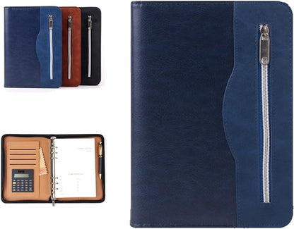 SAYEEC Executive Conference Folder A5 Zipped Portfolio Binder Faux Leather Padfolio Refillable Business Notebook Organizer with Calculator Loose Leaf Paper Gift for Man Women