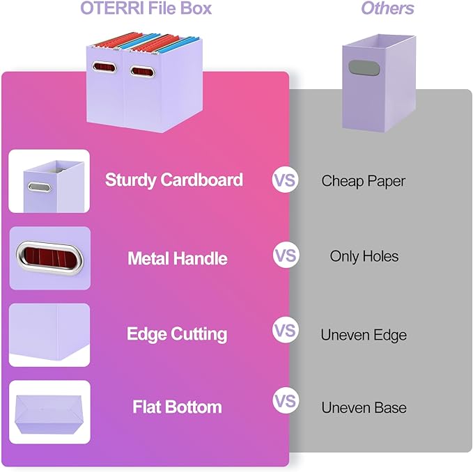 Oterri File Organizer, Small Storage Box, Cardboard File Folder Organizer, Collapsible File Box, Hanging File Organizer for Letter Size, Portable File Box with Handle, Only Box (Purple, 2 Packs)