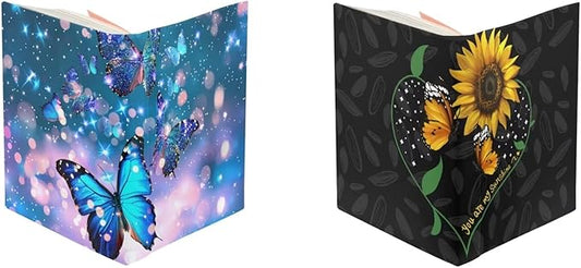 Butterfly Book Cover Book Protector with Sunflower Print, 2 Pack Reusable Book Sox Book Sleeves Cover for Book Lover, Lightweight Textbook Cover for Students, Blue and Black