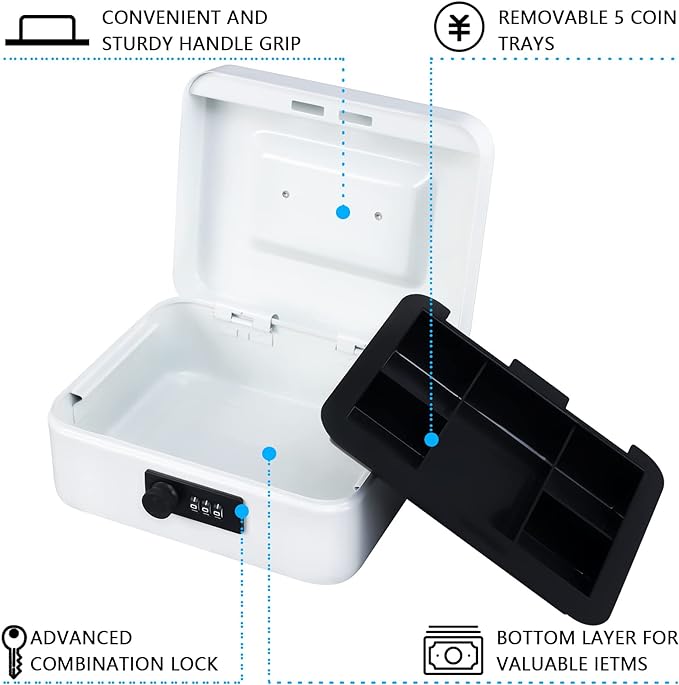 KYODOLED Cash Box with Combination Lock,Safe Metal Box for Money,Storage Lock Box with Money Tray,7.87"x 6.30"x 3.54" White Medium
