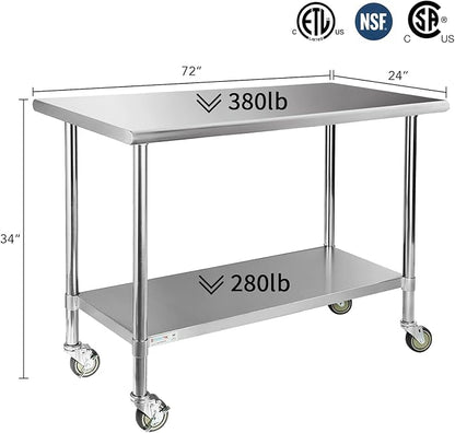 STABLEINK Stainless Steel Table with Caster Wheels 24 x 60 Inches, NSF Commercial Prep & Work Table with Adjustable Undershelf and Table Foot, for Commercial Kitchen, Restaurant, Hotel and Garage