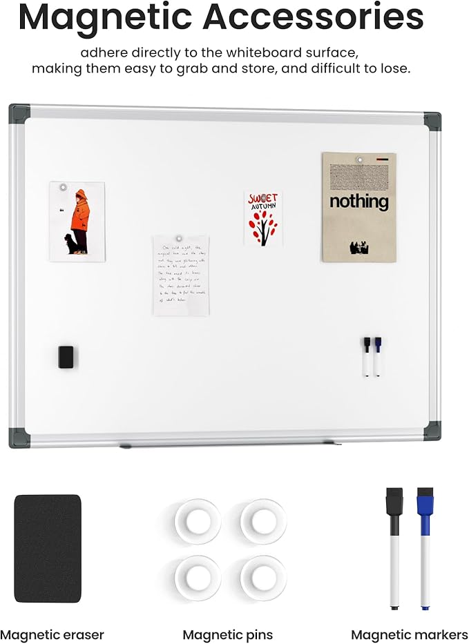 VUSIGN 6PCS Magnetic White Board Hanging 36" x 48" for Office, Class, Home, Sliver Aluminum Frame, 6 Dry-Erase Eraser, 12 Multicolor Marker, 24 Magnetic Pins