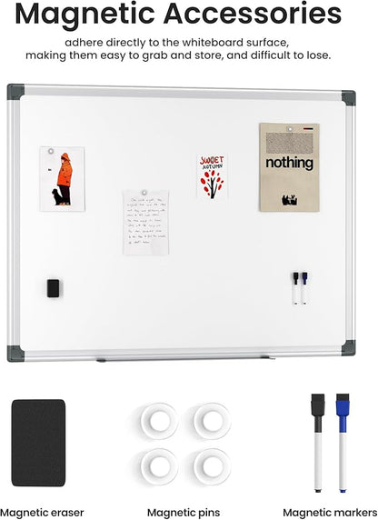 VUSIGN 12PCS Magnetic White Board Hanging 36" x 48" for Office, Class, Home, Sliver Aluminum Frame, 12 Dry-Erase Eraser, 24 Multicolor Marker, 48 Magnetic Pins