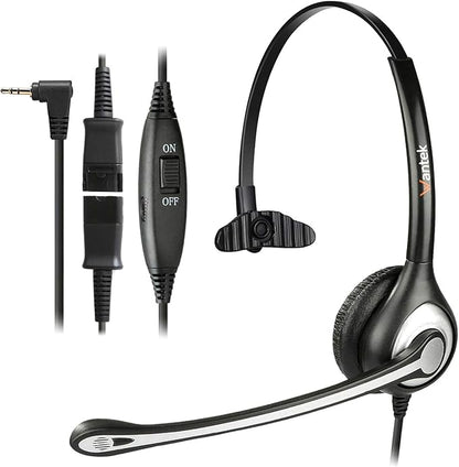 Wantek 2.5mm Telephone Headset Monaural with Noise Canceling Mic+Quick Disconnect Compatible with Cisco Linksys SPA Polycom Grandstream Panasonic Zultys AT&T Office IP & Cordless Dect Phones(600QJ25)