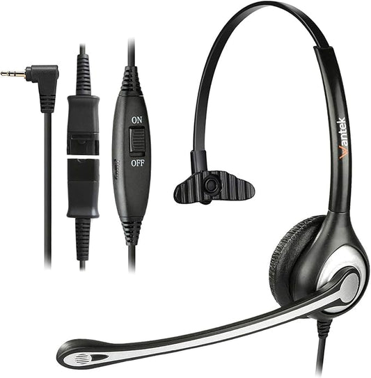 Wantek 2.5mm Telephone Headset Monaural with Noise Canceling Mic+Quick Disconnect Compatible with Cisco Linksys SPA Polycom Grandstream Panasonic Zultys AT&T Office IP & Cordless Dect Phones(600QJ25)