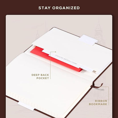 BEECHMORE BOOKS Lined Journal Notebook, 5.8 x 8.3 inch, A5 160 Lined Pages, Hardcover Leather Journals for Women, Men, Writing and Notebooks for Work - 120 GSM Thick Paper, Gifts Box Included (Chestnut Brown)