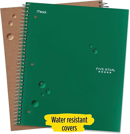 Five Star Spiral Notebook + Study App, 3 Subject, College Ruled Paper, Fights Ink Bleed, Water Resistant Cover, 8-1/2" x 11", 150 Sheets, Green (72067)