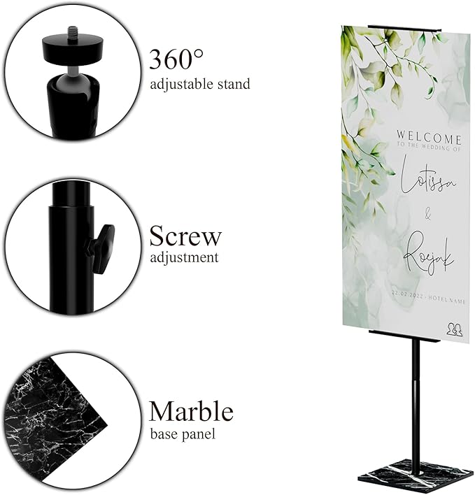 Poster Holder Stand with Marble Base, Floor Standing Sign Holder, Adjustable Height Up to 61.5 Inch, 360°Rotation Display Stand for Indoor & Outdoor Many Occasion