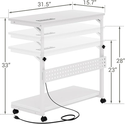 Computer Tower Stand with Power Strips, Height Adjustable PC Tower Stand/Cart with Wheels, Mobile Rolling CPU Holder, Computer Cart Side Stand for Computer Desk, 32", Carbon Fiber White