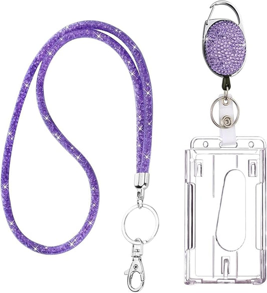 VIQWYIC Retractable ID Badge Holder with Clip, ID Name Badge Reels with Bling Rhinestones Retractable Card Holder for Office Worker Teacher Doctor Nurse (Purple)