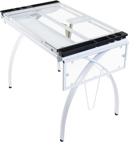 SD Studio Designs 10096 Futura Station with Folding Shelf Top Adjustable Drafting Craft Drawing Hobby Table Writing Studio Desk with Drawer, 35.5'' W x 23.75'' D, White/Clear Glass