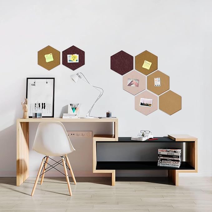 12" Large Bulletin Board with 30 Push Pins, Pack of 8 Hexagon Felt Pin Board Notice Boards for Home Office Kitchen, Felt Wall Tiles for Photos Memos (Yellow Brown)