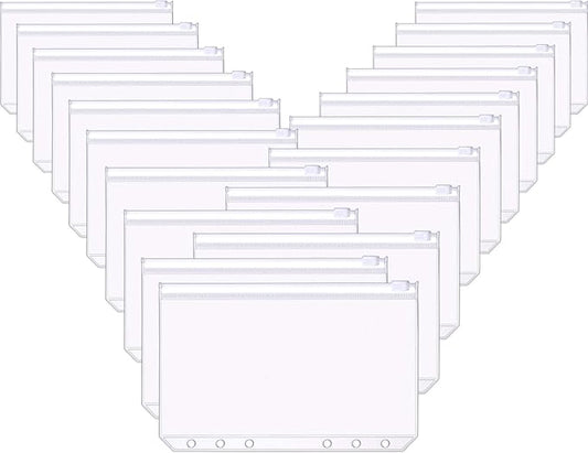 60 Packs A6 Size 6 Holes Binder Pockets Plastic Binder Zipper Folders Waterproof 6 Holes Zipper Loose Leaf Bags for Documents Notebooks Cards