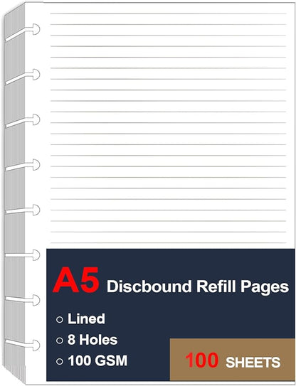 A5 TUL Discbound Lined Refill Paper, 8 Disc Hole Punched Ruled Filler Paper, Junior Size Refills Paper, 100Sheets / 200Pages, Loose-Leaf Paper, 100gsm Paper, 5.8 X 8.3 Inch