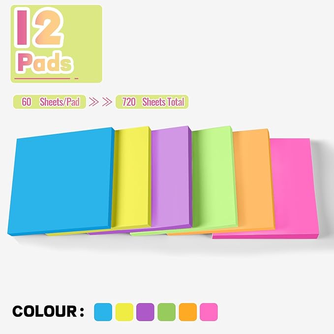 YEECOK Sticky Notes 3x3 in, 12 Pads, Bright Colors Self-Stick Note Pads, Sticky Pads Aesthetic, Super Sticking Power, Colorful Sticky Notes Bulk