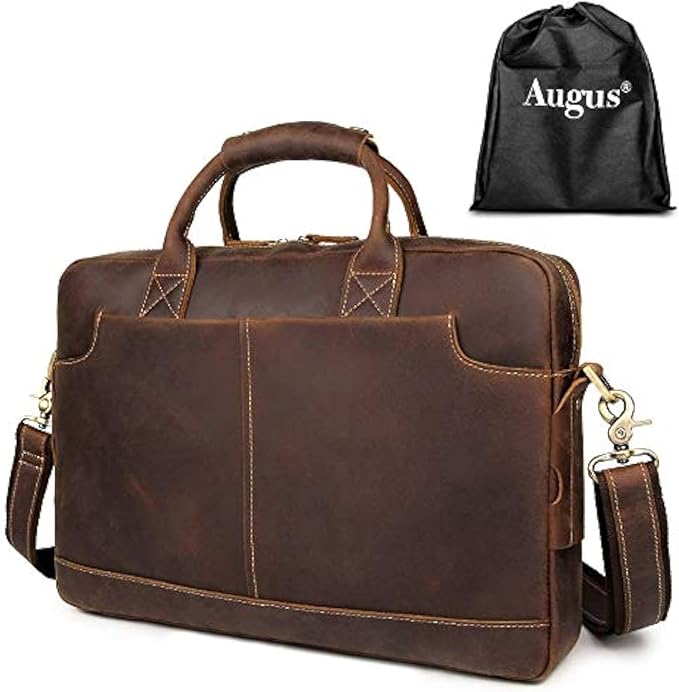 Augus Leather Laptop Briefcase for Men,Waterproof Travel Messenger Duffle Bags 15.6 Inch Laptop Bag
