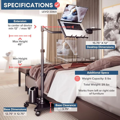 LEVO G2 Rolling Laptop Workstation Stand Cart Desk for Laptops, Books, Tablets, and Art, Made for Sofa, Bed, Chair, or Standing