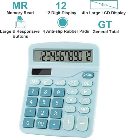 Office Calculators Desktop, 12-Digit Dual Power Cute Calculator with Large LCD Display Big Button for Office Home and School (Blue)